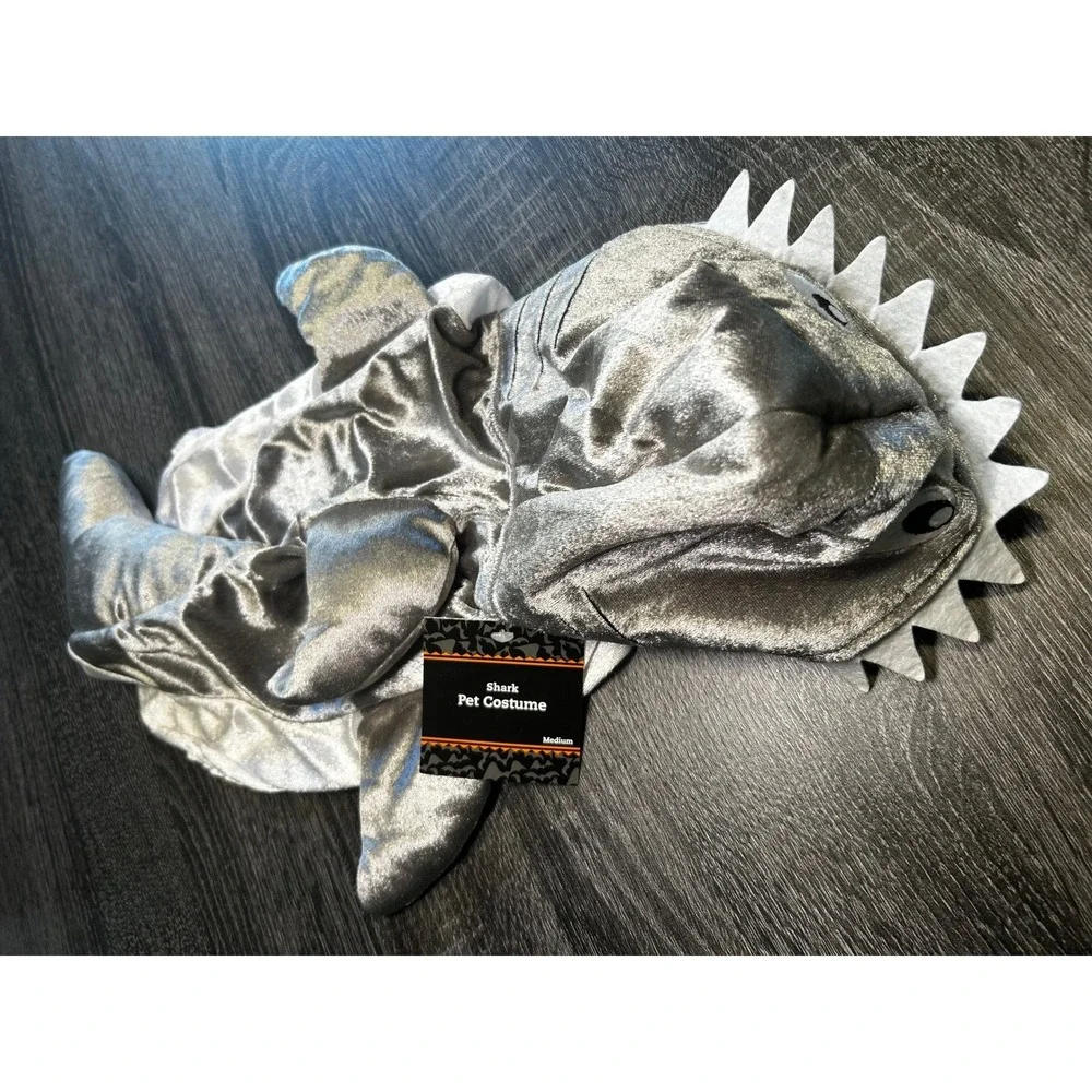 Shark Pet Costume Dog Cat‎ Halloween Outfit Silver Fin Teeth Hood